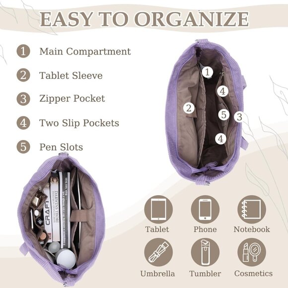 Light Purple Corduroy Tote Bag for Women, Large Capacity, Zipper Closure - Picture 4 of 8